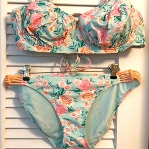Floral Bikini- Blue with Pink and Orange Flowers Size 20W/XL